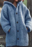 Blue Casual Solid Buttons Basic Hooded Collar Outerwear