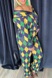 Green Yellow Sweet Print Patchwork Buckle V Neck Long Sleeve Two Pieces(without pocket)