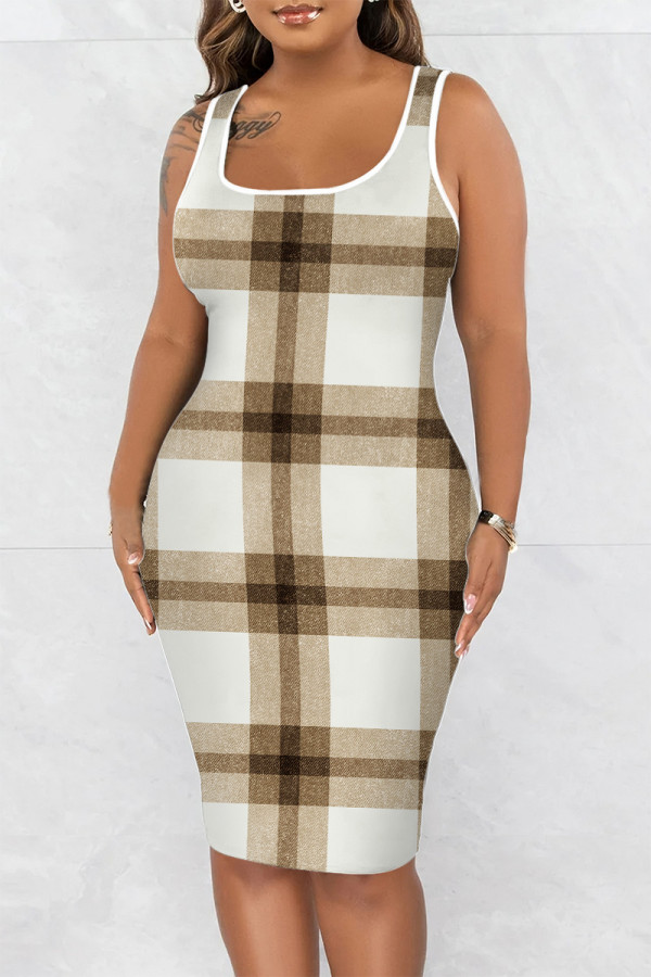 Khaki Casual Print Basic U Neck Vest Dress Dresses