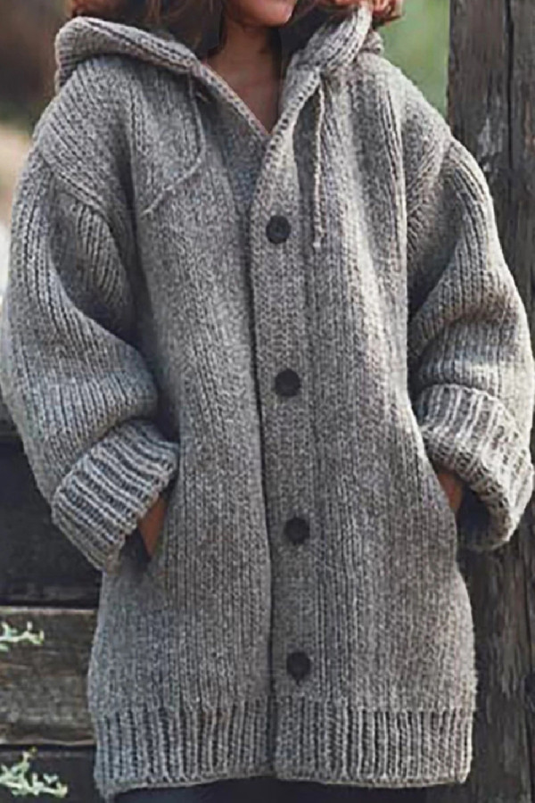 Grey Casual Solid Buttons Basic Hooded Collar Outerwear