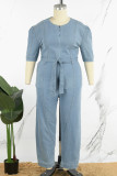 Baby Blue Casual Solid Patchwork With Belt Zipper Collar Plus Size Jumpsuits