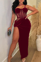 Burgundy Sexy Solid Patchwork See-through Backless Slit Spaghetti Strap Long Dress Dresses