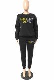 Black Casual Print Letter O Neck Long Sleeve Two Pieces
