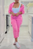 Pink Casual Solid Basic Hooded Collar Long Sleeve Two Pieces
