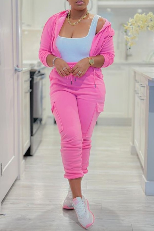 Pink Casual Solid Basic Hooded Collar Long Sleeve Two Pieces