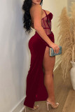 Burgundy Sexy Solid Patchwork See-through Backless Slit Spaghetti Strap Long Dress Dresses