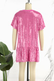 Pink Casual Sequins Patchwork Flounce O Neck Straight Dresses