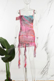 Pink Sexy Print Backless Spaghetti Strap Sleeveless Dress Dresses