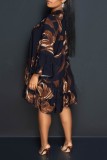 Blue Casual Print Basic V Neck Long Sleeve Dresses