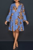 Blue Casual Print Basic V Neck Long Sleeve Dresses