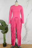 Rose Red Street Solid Tassel Patchwork Draw String O Neck Long Sleeve Two Pieces