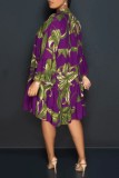 Blue Casual Print Basic V Neck Long Sleeve Dresses