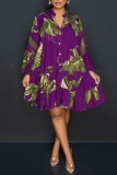 Blue Casual Print Basic V Neck Long Sleeve Dresses