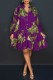Purple Green Casual Print Basic V Neck Long Sleeve Dresses