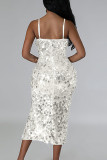 White Sexy Elegant Solid Sequins Patchwork High Opening Zipper Spaghetti Strap Evening Dress Dresses