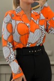 Orange Casual Print Basic Turndown Collar Tops