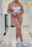 Pink Casual Solid Basic Hooded Collar Long Sleeve Two Pieces