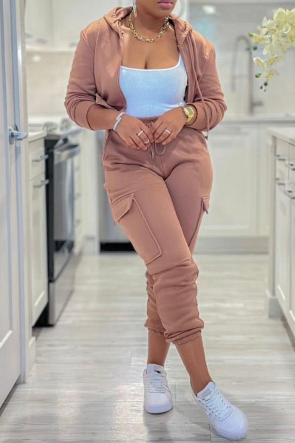 Brown Casual Solid Basic Hooded Collar Long Sleeve Two Pieces