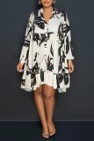Blue Casual Print Basic V Neck Long Sleeve Dresses