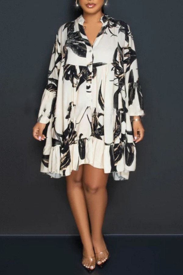 White Black Casual Print Basic V Neck Long Sleeve Dresses