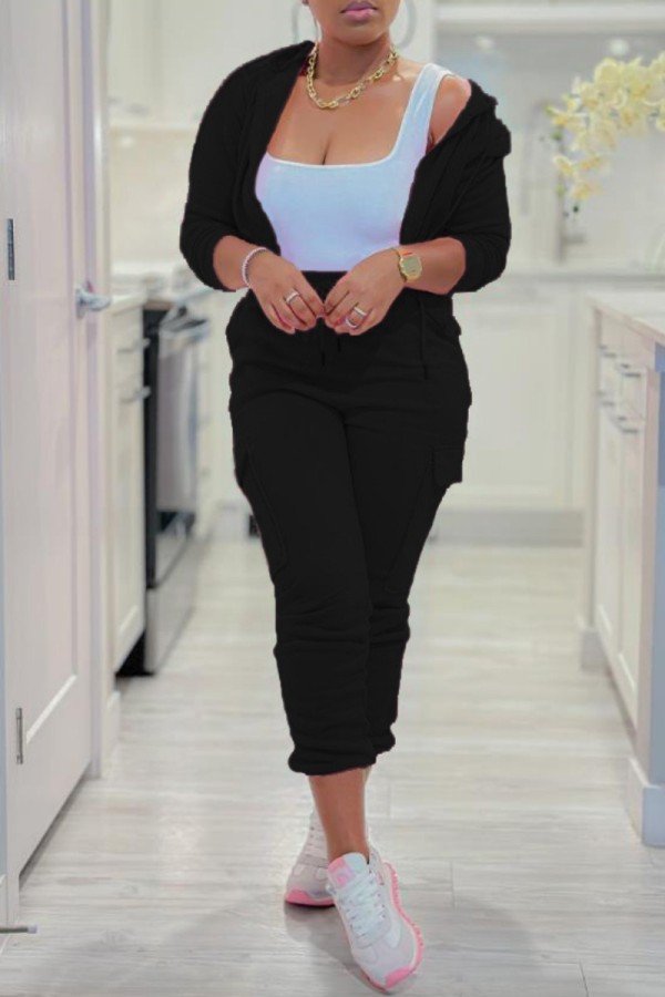 Black Casual Solid Basic Hooded Collar Long Sleeve Two Pieces