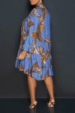 Blue Casual Print Basic V Neck Long Sleeve Dresses