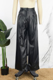 Black Casual Solid Patchwork Regular High Waist Straight Solid Color Trousers