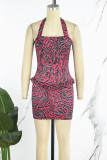 Red Black Sexy Print Bandage Backless Halter Sleeveless Dress Dresses