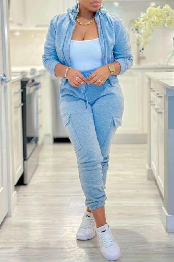 Grey Casual Solid Basic Hooded Collar Long Sleeve Two Pieces
