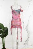 Pink Sexy Print Backless Spaghetti Strap Sleeveless Dress Dresses