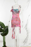Pink Sexy Print Backless Spaghetti Strap Sleeveless Dress Dresses