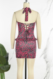 Red Black Sexy Print Bandage Backless Halter Sleeveless Dress Dresses