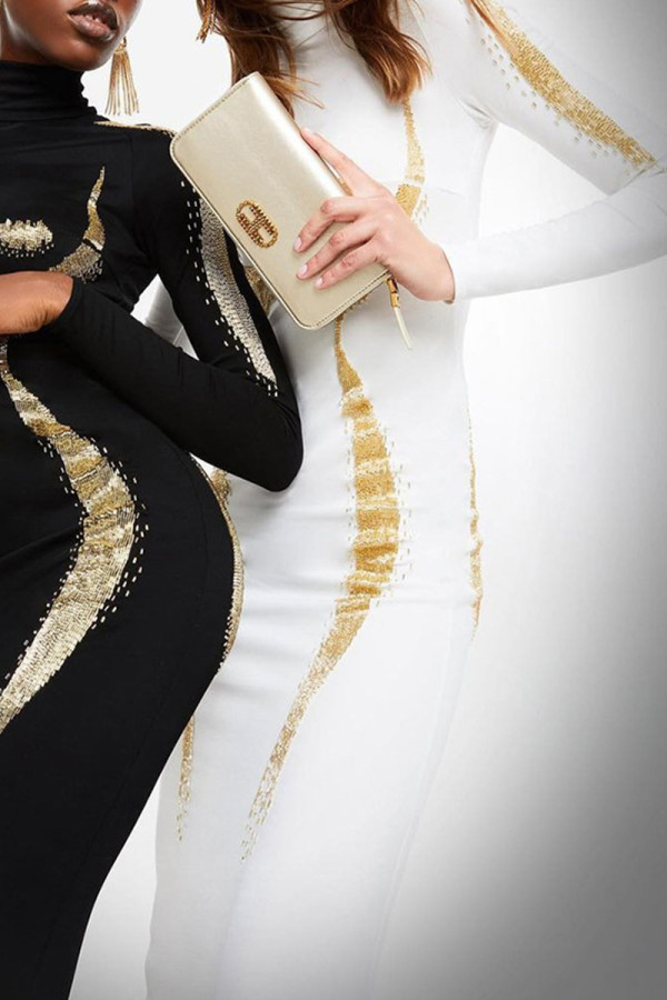 White Street Print Patchwork Turtleneck Long Dress Dresses