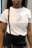 White Casual Daily Print Patchwork O Neck T-Shirts