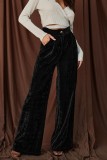 Black Casual Solid Buttons Basic Regular High Waist Conventional Solid Color Trousers