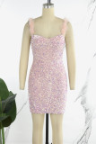 Pink Sexy Patchwork Sequins Feathers Backless Spaghetti Strap Sleeveless Dress Dresses