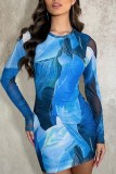 Blue Casual Print Basic O Neck Long Sleeve Dresses