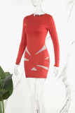 Red Casual Solid Hollowed Out O Neck Long Sleeve Dresses