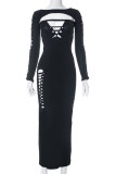 Black Sexy Solid Hollowed Out O Neck Long Dress Dresses