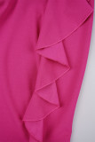 Rose Red Sexy Solid Patchwork Flounce Slit O Neck Long Dress Dresses