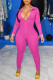 Pink Casual Plaid Patchwork Zipper Turndown Collar Skinny Jumpsuits