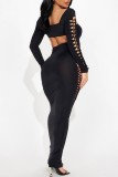 Black Sexy Solid Hollowed Out O Neck Long Dress Dresses