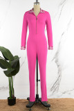 Light Pink Casual Plaid Patchwork Zipper Turndown Collar Skinny Jumpsuits