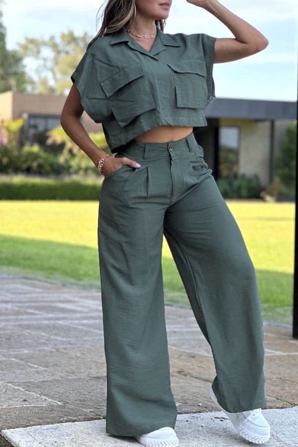 Green Sweet Solid Patchwork Pocket Buttons Zipper Shirt Collar Short Sleeve Two Pieces
