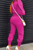 Rose Red Casual Solid Patchwork Buttons Zipper Half A Turtleneck Long Sleeve Two Pieces