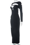 Black Sexy Solid Hollowed Out O Neck Long Dress Dresses