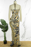Leopard Print Sexy Print Bandage Backless Slit Halter Sleeveless Dress Dresses