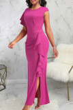 Rose Red Sexy Solid Patchwork Flounce Slit O Neck Long Dress Dresses