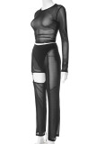 Black Street Solid Patchwork See-through Metal Accessories Decoration Mesh O Neck Long Sleeve Two Pieces