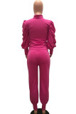 Rose Red Casual Solid Patchwork Buttons Zipper Half A Turtleneck Long Sleeve Two Pieces